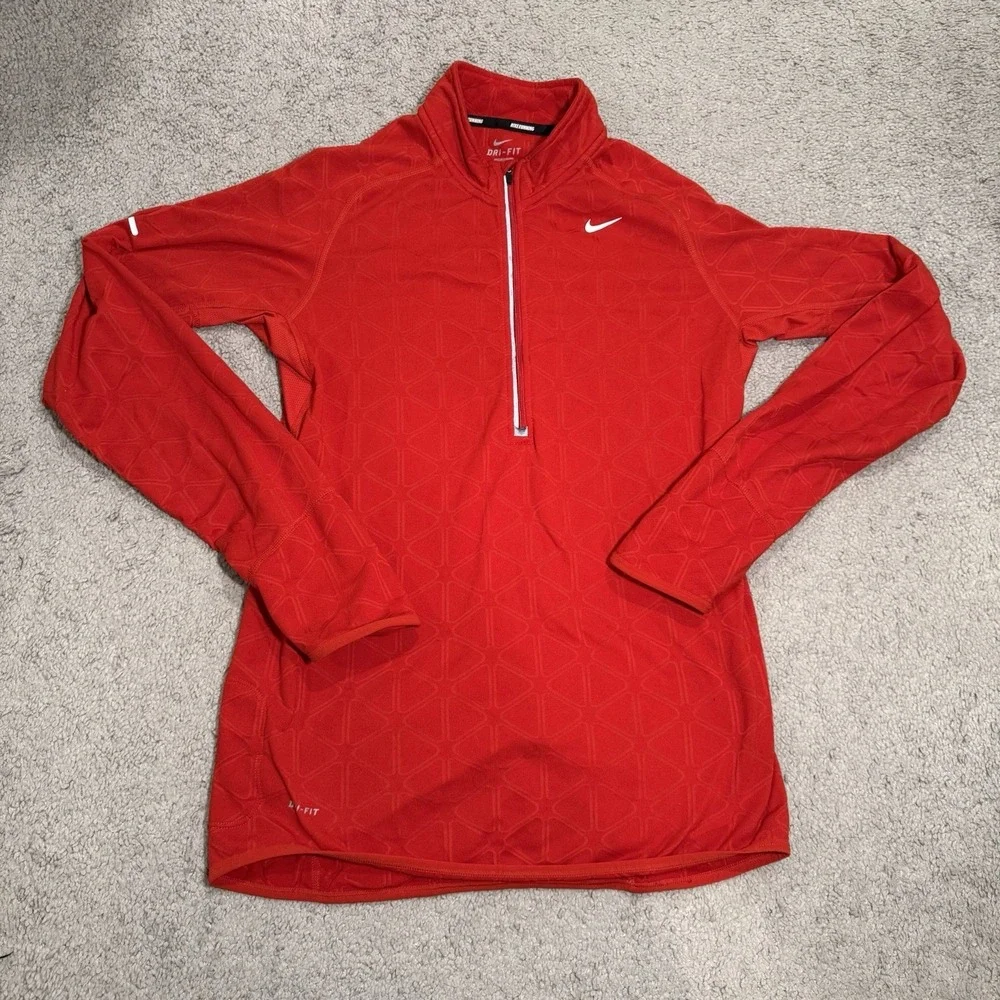 Nike Men's M Running Shirt Red‎ Long Sleeve 1/4 Zip-Up Dri-Fit Thumbholes